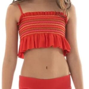 Maaij Camelia Fiesta Red Ruffled Smocked Crop Bikini Top Size 12 Swim Beach